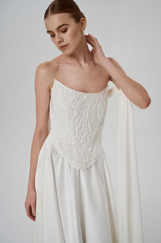 Ivory Satin Wedding Set, Embroidery Corset With Lacing Back and Maxi Skirt, Removable Scarf-Sleeves