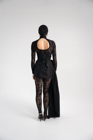 Black Taffeta Corset Set with Tail, Black Taffeta Corset Top & Mini Skirt With Rose and Tail , Everything Outfit for Woman