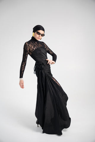 Black Taffeta Corset Set with Tail, Black Taffeta Corset Top & Mini Skirt With Rose and Tail , Everything Outfit for Woman