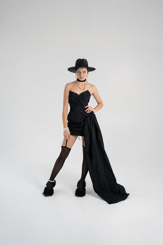 Elegant Coral Taffeta Corset with Side Tail, Luxurious Black Taffeta Corset for Unique Looks