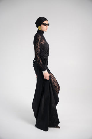 Black Taffeta Corset Set with Tail, Black Taffeta Corset Top & Mini Skirt With Rose and Tail , Everything Outfit for Woman