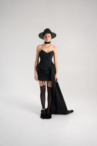 Elegant Coral Taffeta Corset with Side Tail, Luxurious Black Taffeta Corset for Unique Looks