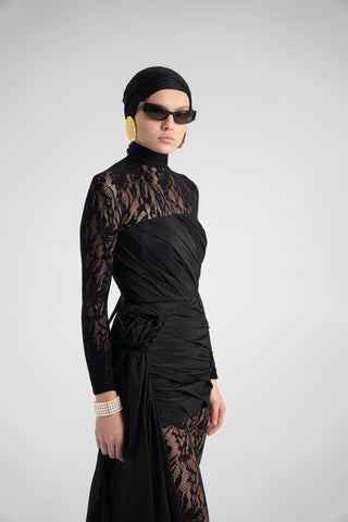 Black Taffeta Corset Set with Tail, Black Taffeta Corset Top & Mini Skirt With Rose and Tail , Everything Outfit for Woman
