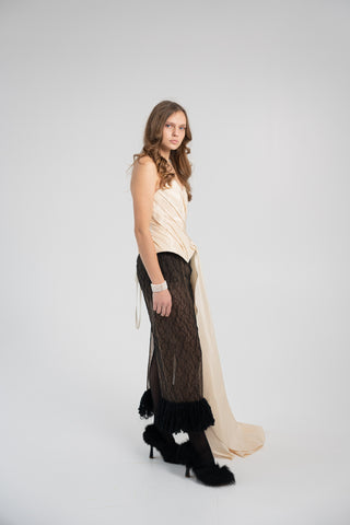 Elegant Gold Taffeta Corset with Side Tail, Luxurious Gold Taffeta Corset for Unique Looks