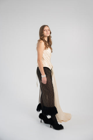 Elegant Gold Taffeta Corset with Side Tail, Luxurious Gold Taffeta Corset for Unique Looks