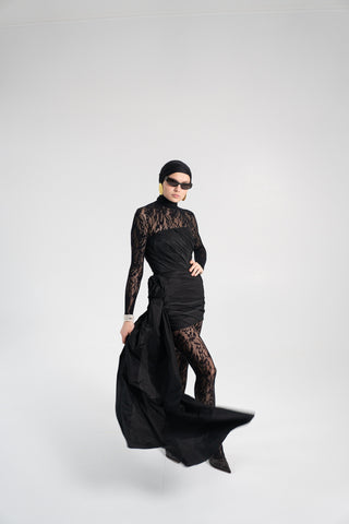 Black Taffeta Corset Set with Tail, Black Taffeta Corset Top & Mini Skirt With Rose and Tail , Everything Outfit for Woman