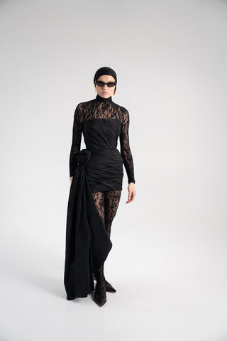Black Taffeta Corset Set with Tail, Black Taffeta Corset Top & Mini Skirt With Rose and Tail , Everything Outfit for Woman