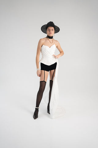 White Taffeta Corset Set with Tail, Ivory Taffeta Corset Top & Skirt, Everything Outfit for Woman