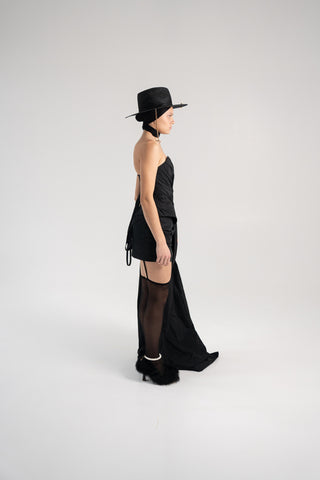 Elegant Coral Taffeta Corset with Side Tail, Luxurious Black Taffeta Corset for Unique Looks