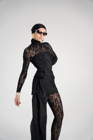 Black Taffeta Corset Set with Tail, Black Taffeta Corset Top & Mini Skirt With Rose and Tail , Everything Outfit for Woman