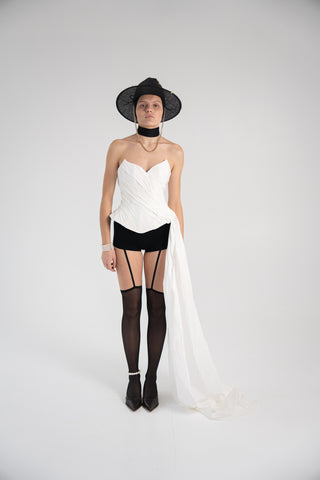 White Taffeta Corset Set with Tail, Ivory Taffeta Corset Top & Skirt, Everything Outfit for Woman