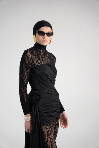 Black Taffeta Corset Set with Tail, Black Taffeta Corset Top & Mini Skirt With Rose and Tail , Everything Outfit for Woman