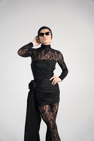 Black Taffeta Corset Set with Tail, Black Taffeta Corset Top & Mini Skirt With Rose and Tail , Everything Outfit for Woman