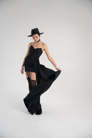 Elegant Coral Taffeta Corset with Side Tail, Luxurious Black Taffeta Corset for Unique Looks