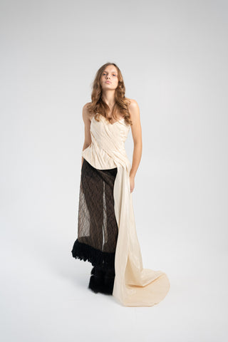 Elegant Gold Taffeta Corset with Side Tail, Luxurious Gold Taffeta Corset for Unique Looks