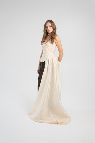 Elegant Gold Taffeta Corset with Side Tail, Luxurious Gold Taffeta Corset for Unique Looks