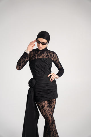 Black Taffeta Corset Set with Tail, Black Taffeta Corset Top & Mini Skirt With Rose and Tail , Everything Outfit for Woman