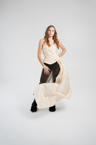 Elegant Gold Taffeta Corset with Side Tail, Luxurious Gold Taffeta Corset for Unique Looks
