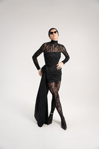 Black Taffeta Corset Set with Tail, Black Taffeta Corset Top & Mini Skirt With Rose and Tail , Everything Outfit for Woman