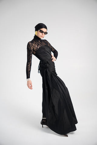 Black Taffeta Corset Set with Tail, Black Taffeta Corset Top & Mini Skirt With Rose and Tail , Everything Outfit for Woman