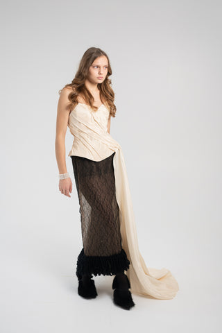 Elegant Gold Taffeta Corset with Side Tail, Luxurious Gold Taffeta Corset for Unique Looks