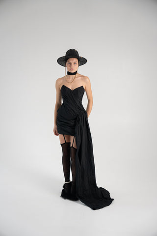 Elegant Coral Taffeta Corset with Side Tail, Luxurious Black Taffeta Corset for Unique Looks