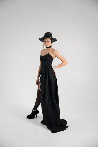 Elegant Coral Taffeta Corset with Side Tail, Luxurious Black Taffeta Corset for Unique Looks