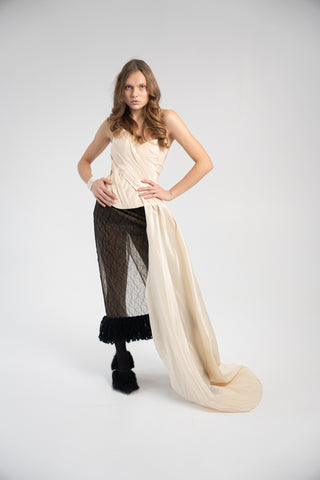 Elegant Gold Taffeta Corset with Side Tail, Luxurious Gold Taffeta Corset for Unique Looks