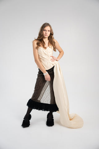 Elegant Gold Taffeta Corset with Side Tail, Luxurious Gold Taffeta Corset for Unique Looks