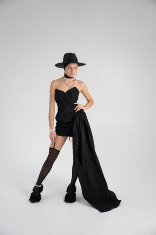 Elegant Coral Taffeta Corset with Side Tail, Luxurious Black Taffeta Corset for Unique Looks