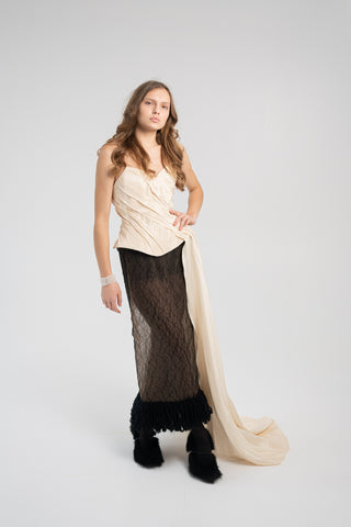 Elegant Gold Taffeta Corset with Side Tail, Luxurious Gold Taffeta Corset for Unique Looks