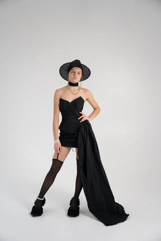 Elegant Coral Taffeta Corset with Side Tail, Luxurious Black Taffeta Corset for Unique Looks
