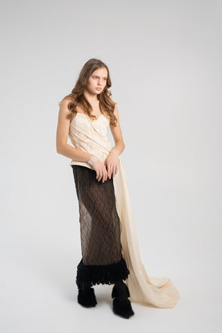 Elegant Gold Taffeta Corset with Side Tail, Luxurious Gold Taffeta Corset for Unique Looks