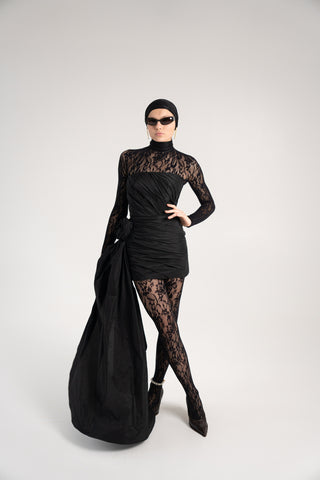 Black Taffeta Corset Set with Tail, Black Taffeta Corset Top & Mini Skirt With Rose and Tail , Everything Outfit for Woman