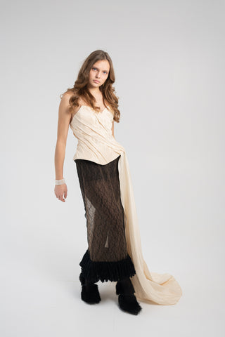 Elegant Gold Taffeta Corset with Side Tail, Luxurious Gold Taffeta Corset for Unique Looks