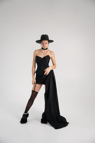 Elegant Coral Taffeta Corset with Side Tail, Luxurious Black Taffeta Corset for Unique Looks