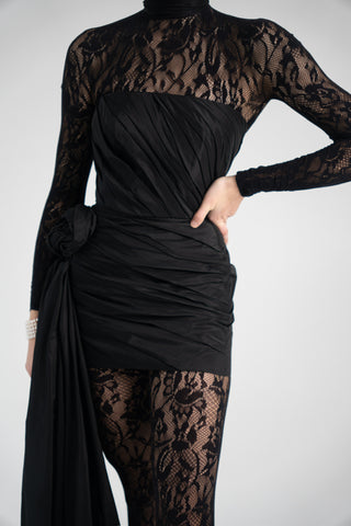 Black Taffeta Corset Set with Tail, Black Taffeta Corset Top & Mini Skirt With Rose and Tail , Everything Outfit for Woman
