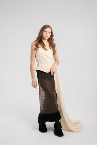 Elegant Gold Taffeta Corset with Side Tail, Luxurious Gold Taffeta Corset for Unique Looks