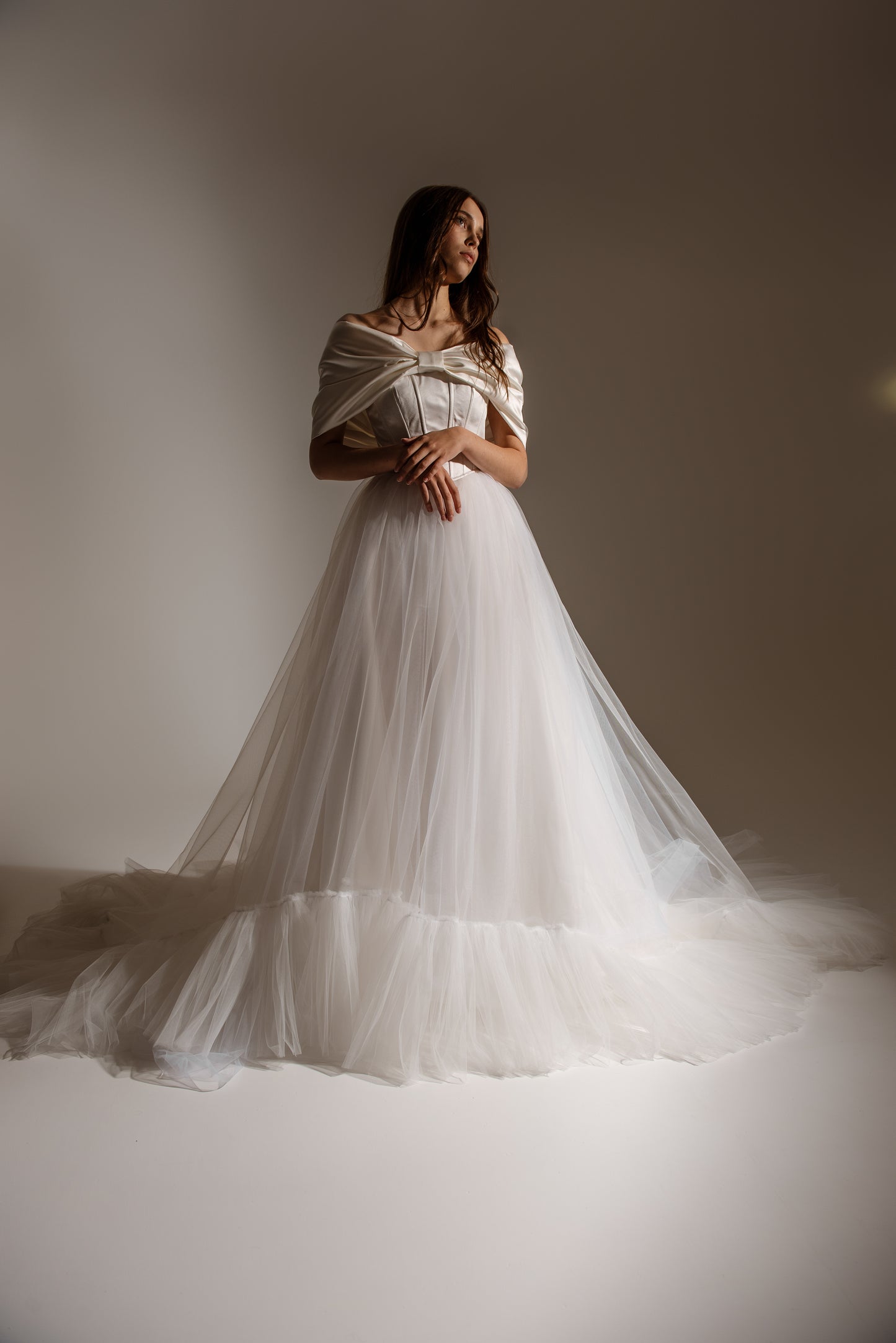 Of The Shoulder Wedding Satin Corset Top With Big Bow, Bridal Ivory Puffy Skirt, Lacing Back Custom Gown, Bespoke Order Wedding Gown View on Etsy Copy Active