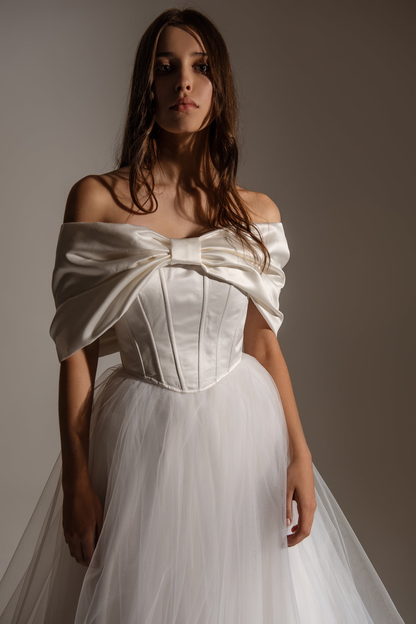 Of The Shoulder Wedding Satin Corset Top With Big Bow, Bridal Ivory Puffy Skirt, Lacing Back Custom Gown, Bespoke Order Wedding Gown View on Etsy Copy Active