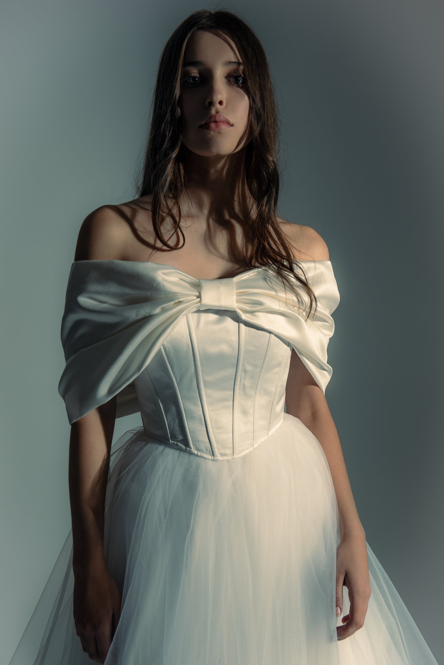 Of The Shoulder Wedding Satin Corset Top With Big Bow, Bridal Ivory Puffy Skirt, Lacing Back Custom Gown, Bespoke Order Wedding Gown View on Etsy Copy Active