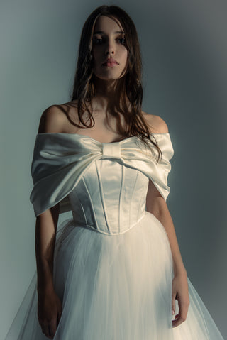 Off The Shoulder Wedding Satin Corset Top With Big Bow, Lacing Back Custom Gown, Bespoke Order Wedding Gown  View on Etsy Copy  Active