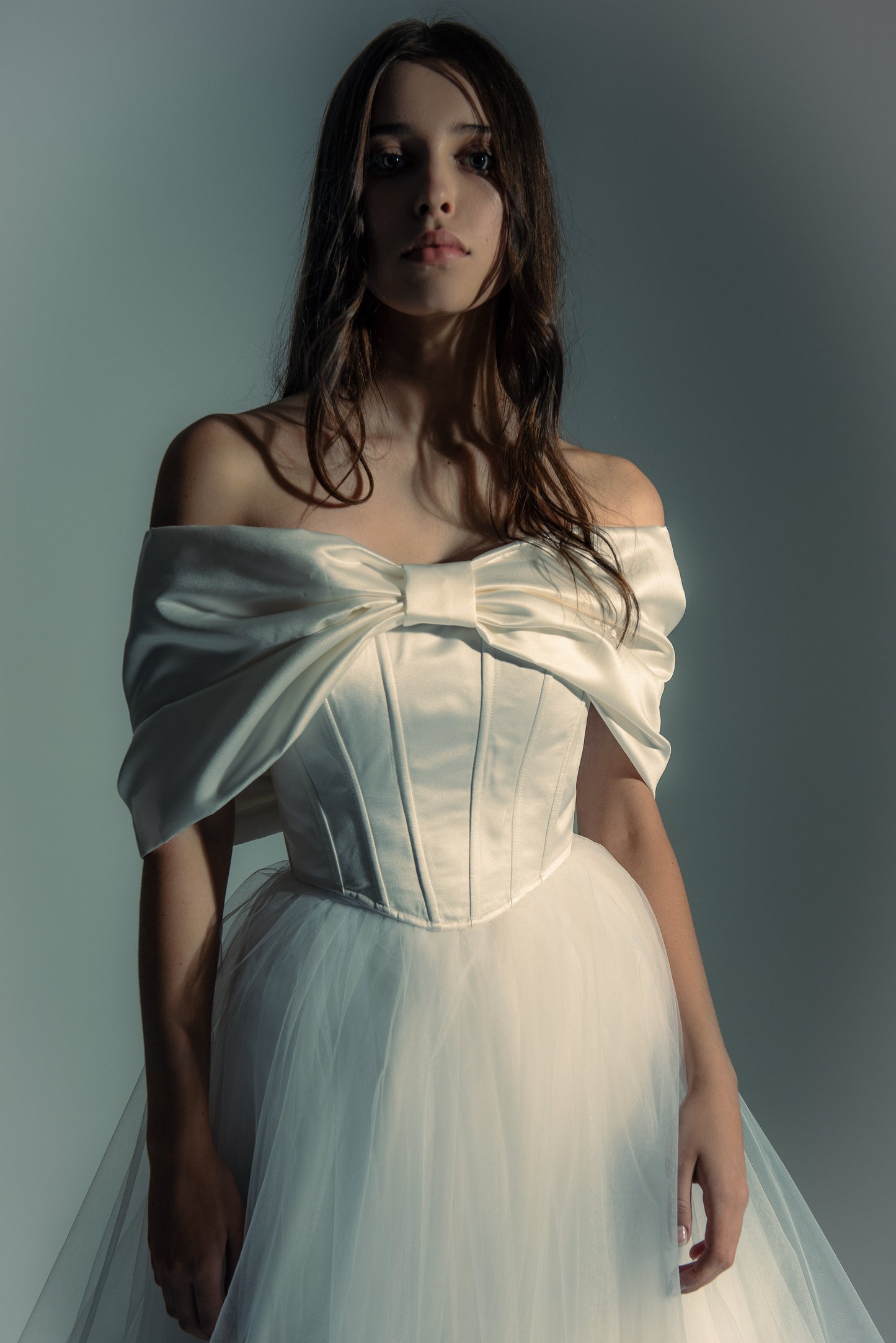 Off The Shoulder Wedding Satin Corset Top With Big Bow, Lacing Back Custom Gown, Bespoke Order Wedding Gown View on Etsy Copy Active