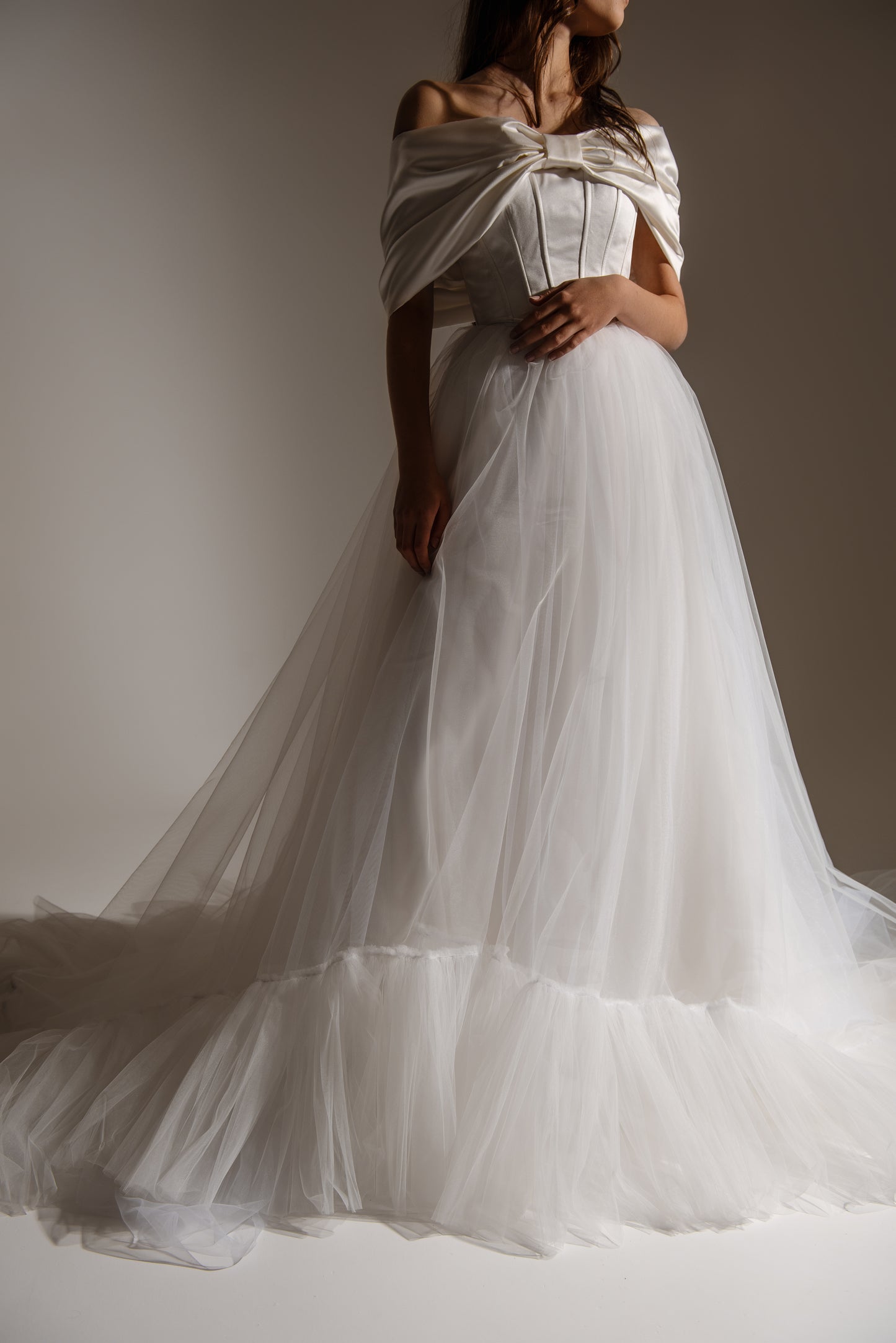 Of The Shoulder Wedding Satin Corset Top With Big Bow, Bridal Ivory Puffy Skirt, Lacing Back Custom Gown, Bespoke Order Wedding Gown View on Etsy Copy Active
