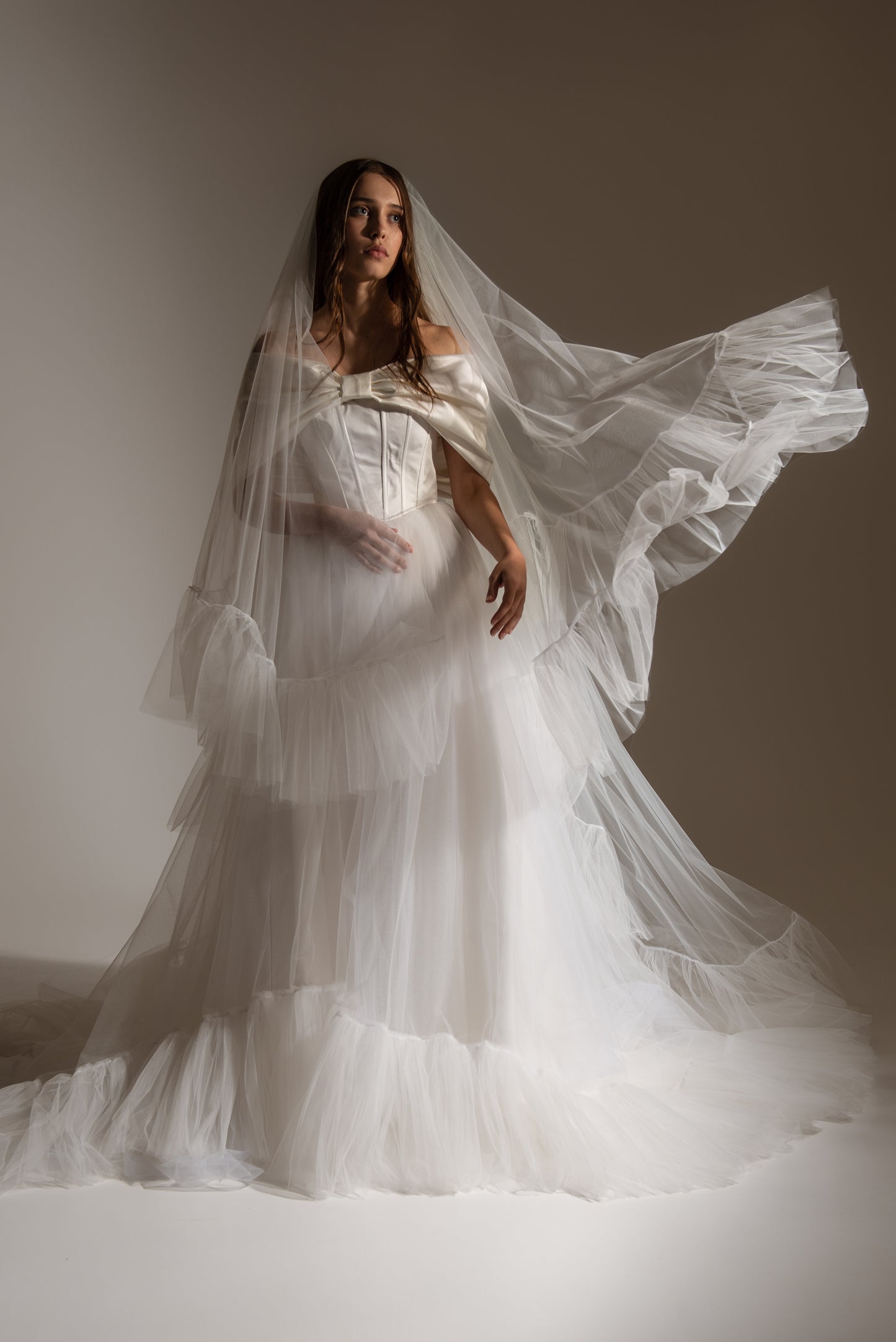 Of The Shoulder Wedding Satin Corset Top With Big Bow, Bridal Ivory Puffy Skirt, Lacing Back Custom Gown, Bespoke Order Wedding Gown View on Etsy Copy Active