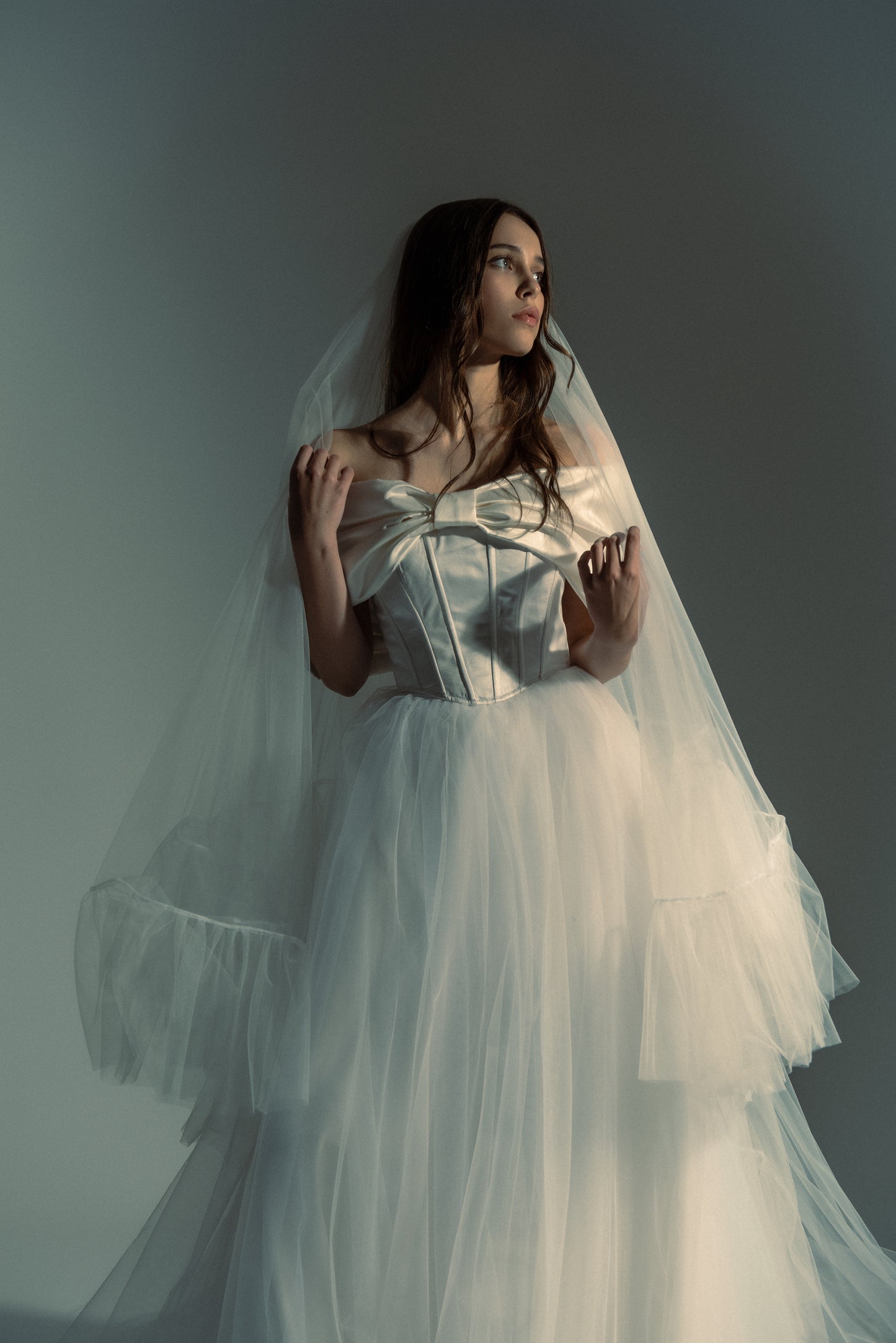 Of The Shoulder Wedding Satin Corset Top With Big Bow, Bridal Ivory Puffy Skirt, Lacing Back Custom Gown, Bespoke Order Wedding Gown View on Etsy Copy Active