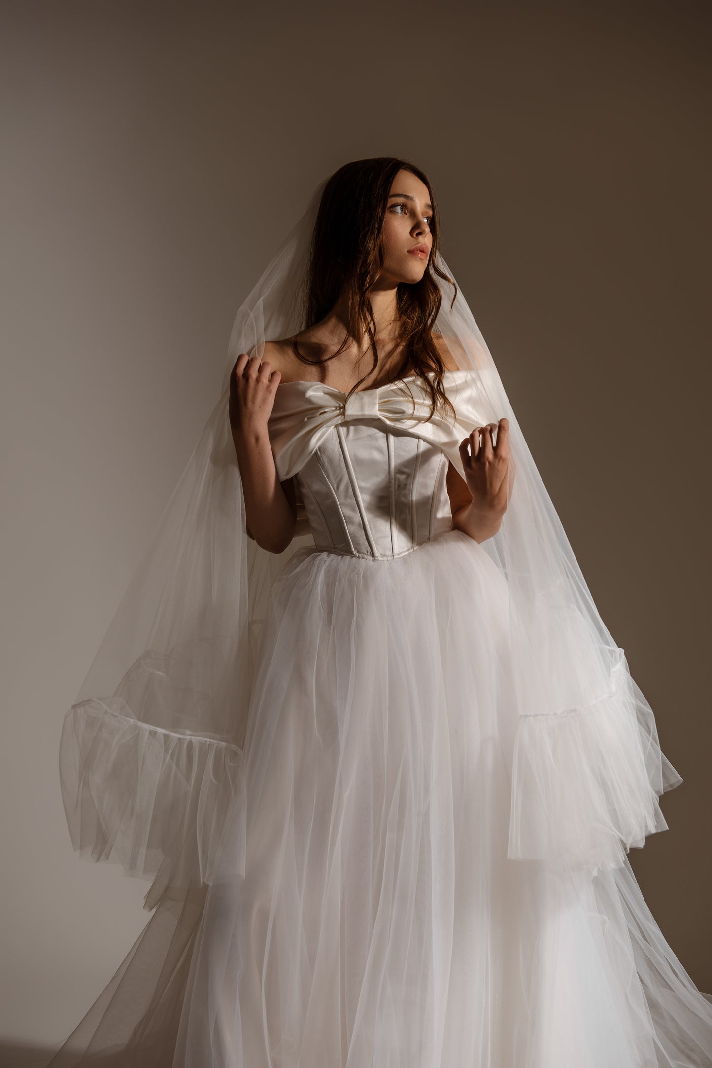 Of The Shoulder Wedding Satin Corset Top With Big Bow, Bridal Ivory Puffy Skirt, Lacing Back Custom Gown, Bespoke Order Wedding Gown View on Etsy Copy Active