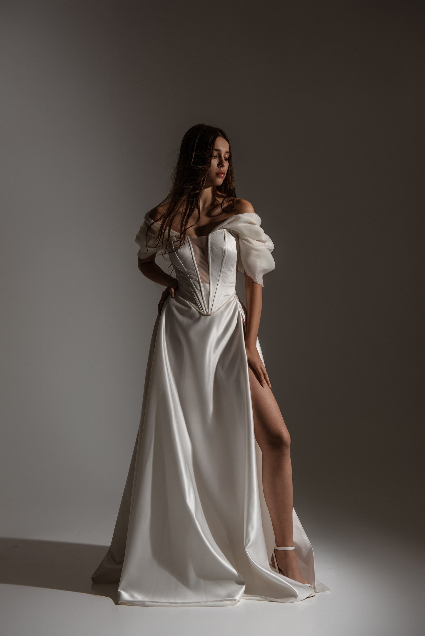 Ivory Satin Wedding Skirt Will Deep Slit on Left Leg, Bridal White Lacing Back Custom Gown, Bespoke Order Wedding Gown View on Etsy Copy Active