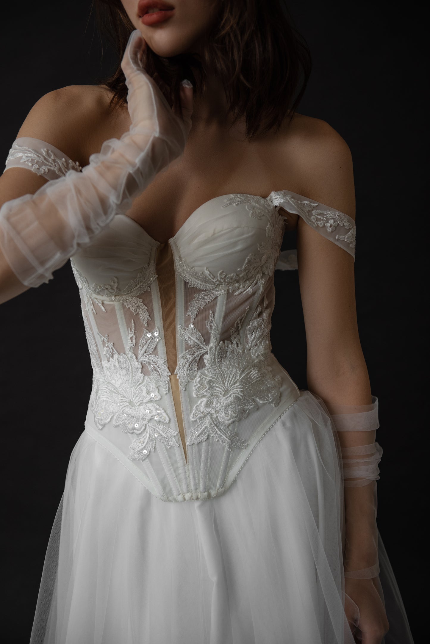 Embroidered Corset with Deep V-Neck Cut, Floral Lingerie, Romantic Lace Ensemble, Wedding Undergarments
