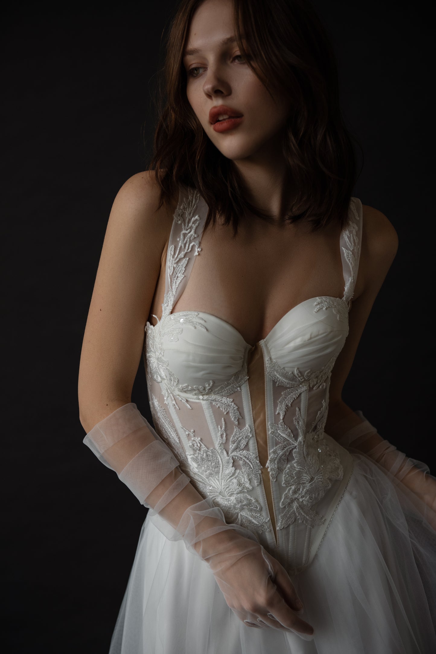 Embroidered Corset with Deep V-Neck Cut, Floral Lingerie, Romantic Lace Ensemble, Wedding Undergarments